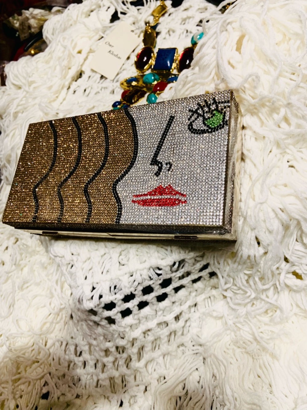Crystal Face-Embellished Evening Clutch in Gold & Silver
